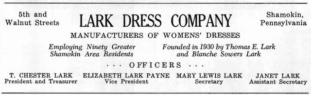 Black-and-white Lark Dress Company advertisement naming women’s dresses, Fifth and Walnut Streets, the 1930 founders, and company officers