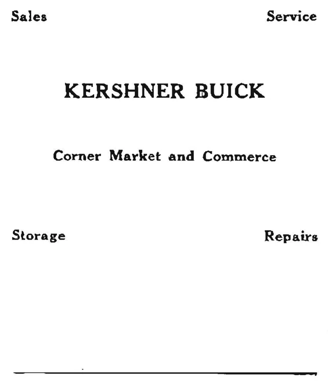 Black-and-white Kershner Buick advertisement listing sales, service, storage, and repairs at the corner of Market and Commerce