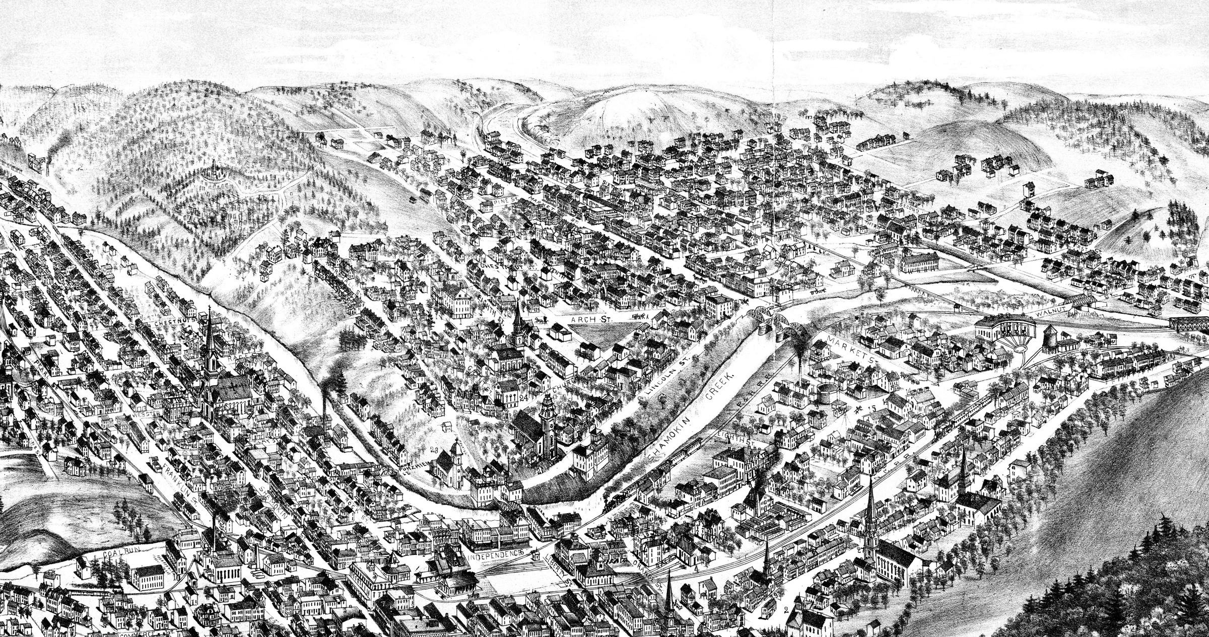 Oblique 1884 illustration of Shamokin with dense street blocks, bridges, creeks, rail lines, churches, and surrounding hills